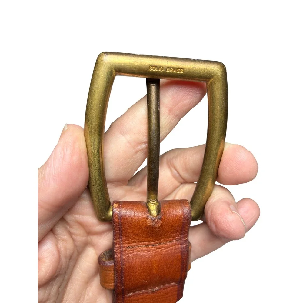 J.Crew Cognac Oil Tanned Leather Belt Solid Brass Buckle England Size 32